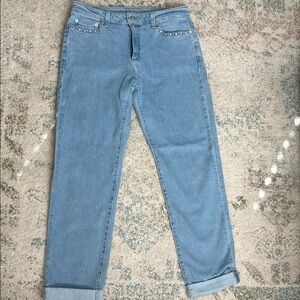 Michael Kors Light Blue Boyfriend Jeans with Studded Pocket Trim